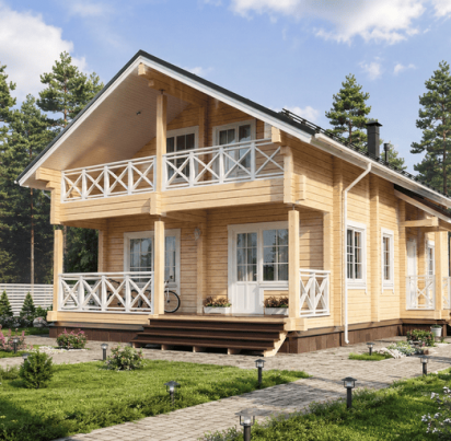 Двухэтажный дом из бруса 8500х12000 с балконом